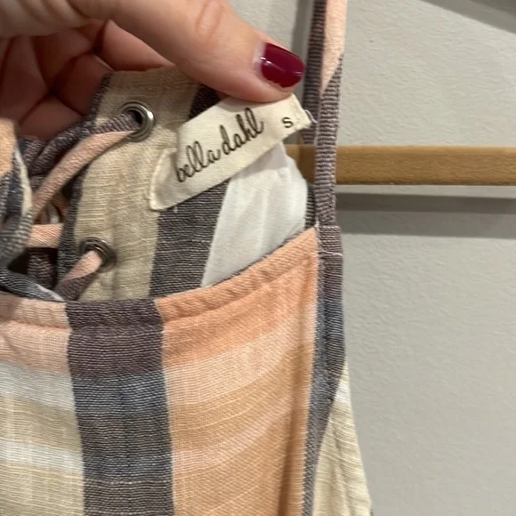 Bella Dahl Dress Lace-Up Back Plaid Midi pink and blue Size Small - Picture 5 of 9